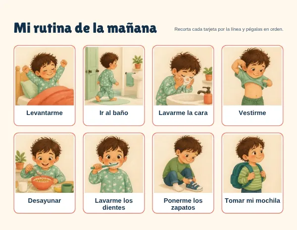Panel de la rutina de la mañana con tarjetas ilustradas